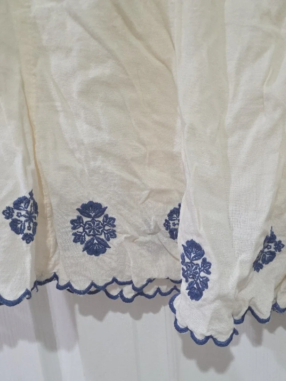 Old Navy Cream Peasant Blouse with Blue Floral Embroidery
